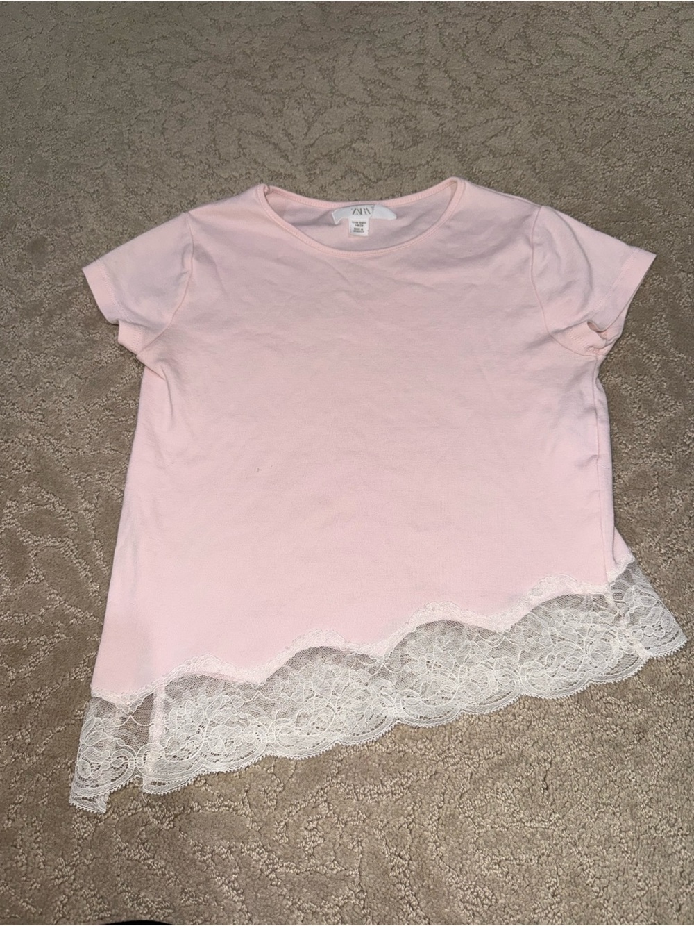 Zara Light Pink Short Sleeve Tee with White Lace Trim Size (11-12)